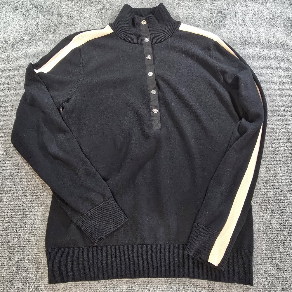 Ralph Lauren Womens 1/4 Button Pullover Black White Stripe Large